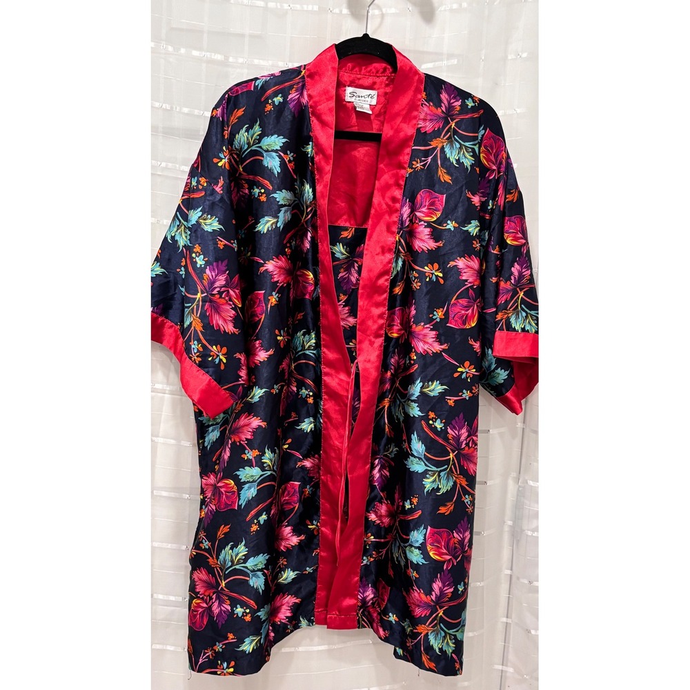 Sante Classics Womens Navy Tropical Floral Satin Robe Kimono‎ Red Trim Large